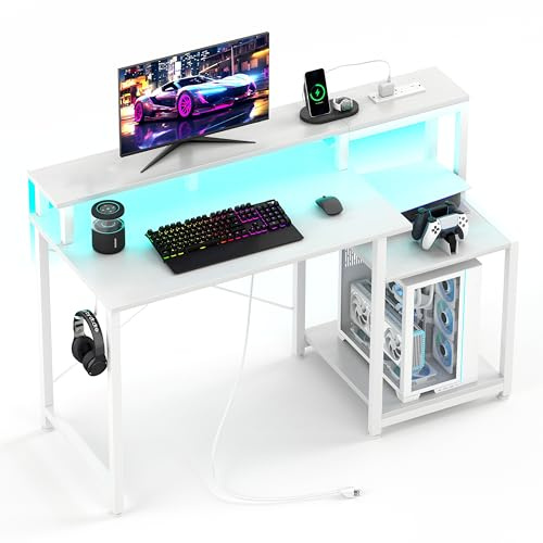 CAIYUH Gaming Desk with LED Lights & Power Outlets 120x50cm, White | Monitor Stand, Printer Stand, USB Port & Charging Station, Home Office, Small Space, Study, Teen, Adjustable Lighting