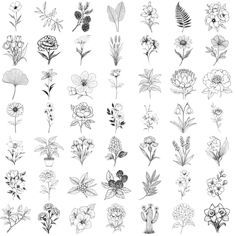 50 Sheets Black and White Botanical Scrapbook Stickers Decorative Vinyl Stickers for Scrapbooking Creative Flower Motifs Adhesives for DIY Planner Travel Scrapbook Supplies