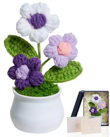 MAIBAOTA Purple Puff Crochet Flowers Handmade Cute Small Stuff Gifts for Women Bestie Girls Wife Office Home Desk Decor Accessories Knitted Flowers Potted Plants