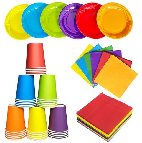 90 Pcs Colorful Rainbow Party Tableware Set, 30 Paper Plates 30 Cups 30 Napkins, Dinnerware Set Party Supplies for Birthday, Wedding, Baby Shower Partys