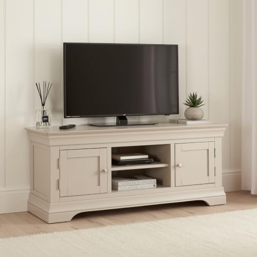 The Furniture Market Wilmslow Dove Grey Painted Widescreen TV Unit Stand | Solid Wood Media Storage Cabinet | Modern Rustic TV Stand for Living Room | Fits TVs Up to 60 with Shelves & Storage