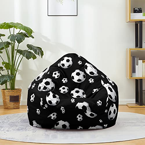 Fasbuy Sitzsack für Kinder Erwachsene Indoor Outdoor, 3D Fußballdruck, Sitzsack Bezug Ohne Füllung，Flauschiger Sofabettbezug, für Wohnzimmer Gaming Sofa Lounge (Fußball und Schwarz,130x150cm)