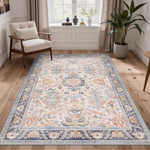 BEIMO Vintage Waschbarer Teppich Wohnzimmer, 120x170cm Rotblau | Boho Orientalisch, Großer Weicher Kurzflor Carpet mit Rutschfester für Küche und Bettvorleger Schlafzimmer
