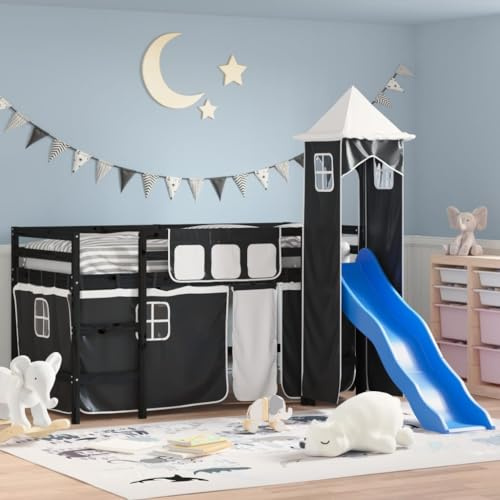 QJBSAVVA Kinderhochbett Kiefer Massiv 80x200 cm mit Rutsche und Turm Weiß Schwarz, 205,5 x 87,5 x 113,5 cm, 80 kg Belastbar, Etagenbett für Jugendzimmer ab 6 Jahren