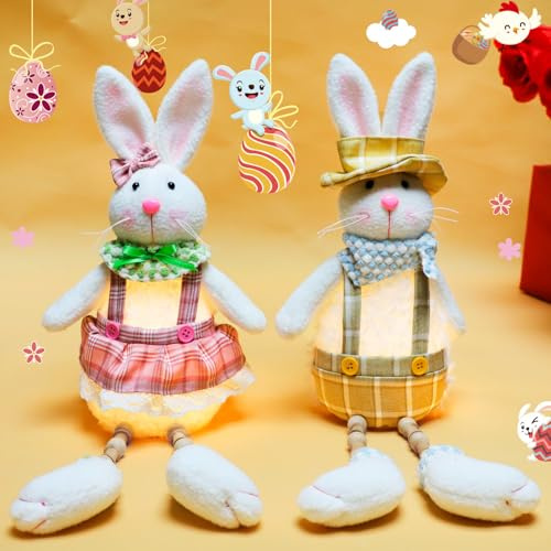 Osterdeko Osterhasen Figuren mit LED Licht, 2 Stück Plüsch Osterhase Deko Figuren Beleuchtet Osterdeko Tisch Hase Figur mit Beleuchtung Batteriebetrieben Osterfiguren für Frühlingsdeko Ostern Deko (B)