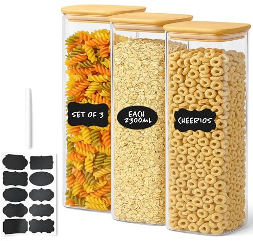 Innoteck 3x2.3L Glass Containers with Lids, Kitchen Storage & Organisation | Airtight Borosilicate Glass Jars with Bamboo Lids, Labels & Chalk Pen