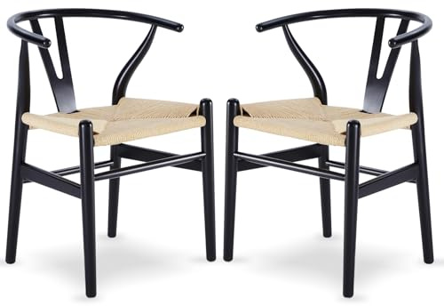 Tomile CH24 Wishbone Esszimmerstühle Set of 2, Hans Wegner Moderner Y-Chair mit schwarzem Eschenholzrahmen und Gewebesitz, Mid-Century Design für Esszimmer & Küche (Schwarzer Rahmen + Naturkordel)