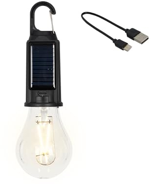 Lumineo Solar Glühbirne 6x18cm Kunststoff - Dimmbare Gartenleuchte mit LED-Leuchtfäden - USB-C aufladbar - Kabellose Solarlampen für Außen hängend - Outdoor Campinglampe - Schwarz Warmweiß