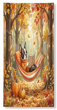 Herbst-Boston-Terrier-Hunde-Tür-Banner, dekorativ, Urlaub, lustige Bücher, Haustürabdeckung, Hintergrunddekoration, für drinnen und draußen, Herbst-Hof-Hintergrund, Zubehör, 91,4 x 183,9 cm