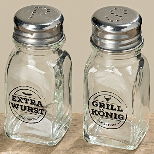 2er Set Salz- und Pfefferstreuer ~ Extrawurst - Grillkönig ~ Salzstreuer Glas