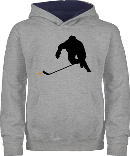 Pullover Kinder Hoodie Jungen Mädchen - Sport Kleidung - Eishockey Sprint - 140 (9/11 Jahre) - Grau meliert/Navy Blau - 25. geburtstag ice hockey hoody pulli hudis kapuzenpullover kind kids