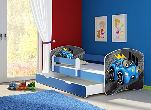 CLAMARO 'Fantasia Blau' 160 x 80 Kinderbett Set inkl. Matratze, Lattenrost und mit Bettkasten Schublade, mit verstellbarem Rausfallschutz und Kantenschutzleisten, Design: 04 Rennwagen Blau