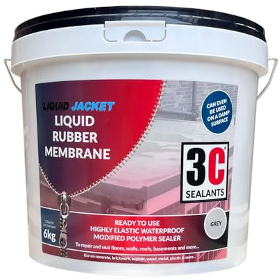 3C Sealants Liquid Jacket Liquid Rubber Membrane – 6kg Grey | Ready-to-Use Waterproofing Sealer | Highly Elastic Polymer for Roofs, Walls, Basements, Bathrooms, Floors & More