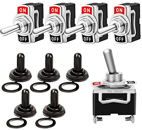 FULARR 5Pcs Profesional Coche Interruptor Palanca con Tapa Impermeable, ON-OFF 2 Posiciones 2 Pines SPST Metal Auto Conmutador Basculante, para Coche Auto Camión Barco –– 6A 250VAC / 10A 125VAC