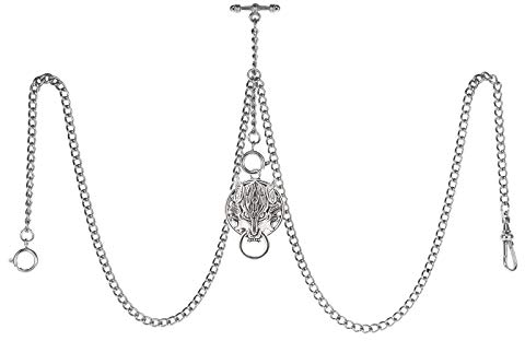 TREEWETO Taschenuhrkette mit T Bar Endstück Gesamtlänge 72cm Doppel Albert T-Bar Taschenuhr Kette mit Antiker Wolf-Anhänger und 3 Haken für Weste Knopfloch Silber