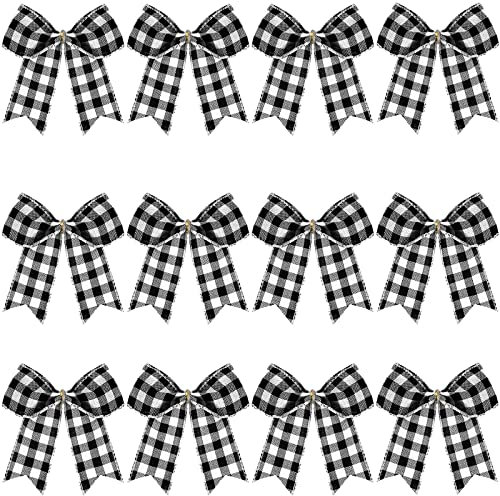 12 Pieces Christmas Plaid Bows Buffalo Thanksgiving Fall Decorative Plaid Bows for Halloween Wreaths Tree Party Indoor Outdoor Home Decoration (Black and White, 6 x 6 Inch)