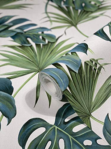 marburg Tapete Weiß, Grün Floral, Landhaus, Blumen SCHÖNER WOHNEN-Kollektion Serie Leaves für Schlafzimmer, Wohnzimmer oder Küche, Made in Germany Premium Qualität, 10,05 x 0,53m, 32745
