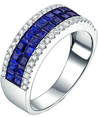 Daesar 18 Karat Weißgold Ring Verlobung Damen Bandring mit Quadrat Saphir 1.56ct, Hochzeitsring Weißgold Ring mit Diamant Gr.54 (17.2)