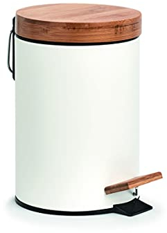 Zeller 18908 Kosmetikeimer, 3 ltr., Metall/Bambus, weiß, Soft-Close, ca. Ø 16,8 x 24 cm, Treteimer, Scandi-Design