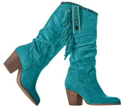 Onsoyours Moda Donna Autunno e Inverno Stivali con Tacco Alto Spessi con Frange Stivali Alti con Tacco Alto Incontri Ballerino Partito Stivali al Ginocchio Blu 40 EU
