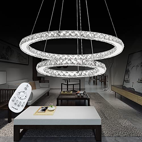 YRHome 48W LED Kristall Design Hängelampe Deckenlampe Hängeleuchte Dimmbar Kronleuchter Pendelleuchte Höhenverstellbar Kronleuchter Kronleuchter Esszimmer Wohnzimmer Moderne Zwei Ringe