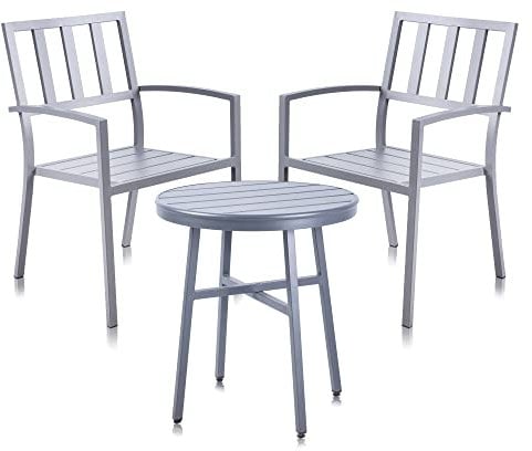 Alfresia Aluminium Bistro Set – Outdoor Dining Set with 2 Chairs 1 Round Table, Al Fresco Garden Living, Weatherproof, Rust Resistant, Outside Garden Furniture, Grey Design, Stackable