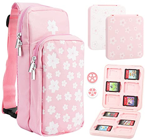 FUNDIARY Reisetasche für Nintendo Switch, OLED & Lite Tragetasche, Tragbares Schultertaschen-Set für Switch, Crossbody-Rucksack Zubehörpaket mit Game Case und 2 Daumenkappen - Pink Sakura