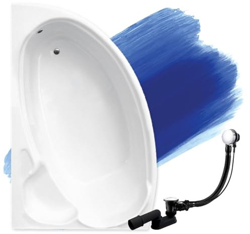 BADLAND FINEZJA Baignoire d'angle en acrylique Blanc 140 x 95 cm Kit complet avec pieds et bonde automatique exclusif chromé, fabriqué en UE, 3 en 1