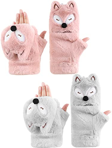 SATINIOR 2 Paar Katze Handschuhe Plüsch Damen Fäustlinge Fuchs Dicke Fingerlose Fäustlinge mit Flip Top (Rosa, Grau, Fuchs)