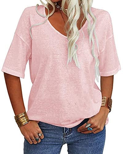Tankaneo T-shirt d'été ample à manches courtes et col en V pour femme, rose, XL