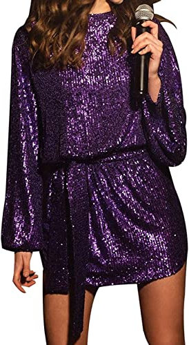 HodJIU Femme Robe à Paillettes Manches Longues Robe Courte Chic avec Ceinture pour Soirée Cocktail Disco Fête Sequin Dress (Violet, M)
