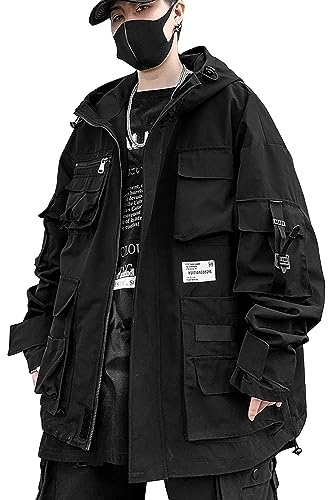 XYXIONGMAO Gothic Clothes Tactical Techwear Zipper Jacket Windbreaker Hooded Streetwear Jackets for Men, Schwarz, S
