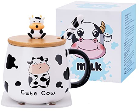 Niedlicher Kuh-Kaffeebecher mit hübschem Deckel,kawaii Untersetzer und Löffel,Kuh Print Stuff Geschenke,Keramik Kaffeetasse,Lustige Tier Tasse,Geburtstagsgeschenke für Frauen, Kuh-Liebhaber