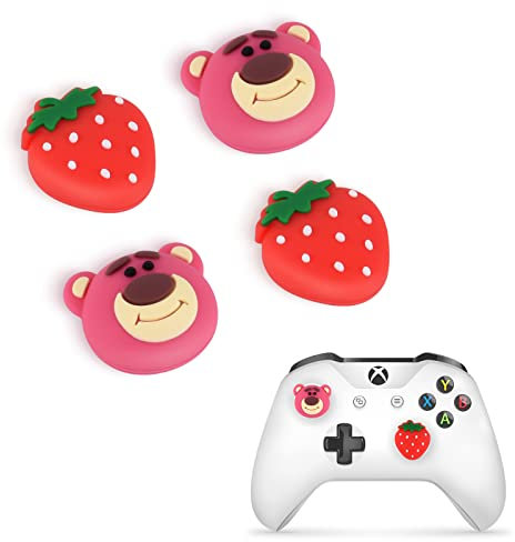 DLseego Cute Thumbstick Caps Grip Accessory Rubber Silicone Grip Cover for PS5 PS4 Xbox 360 Xbox one Controller, Anime Theme,Joystick Protection Attachments,4 PCS,Strawberry Bear