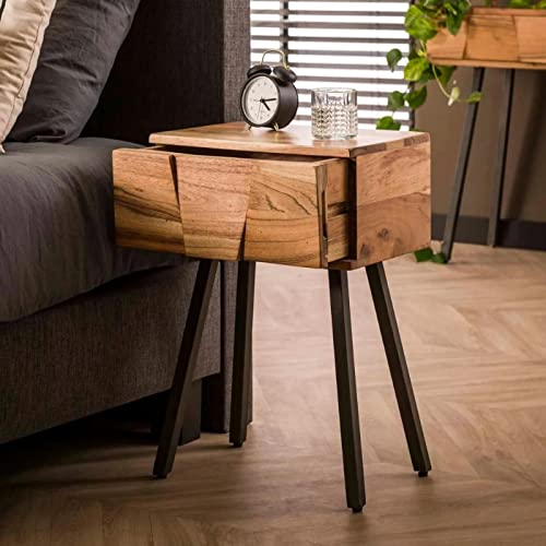 RINGO-Living Massivholz Nachttisch mit Schublade Neolani, Stauraum Nachttisch Industrial Style, Wohnzimmertisch 60 cm hoch, Wohnzimmertisch Industrie Style, Nachttisch Holz & Metall, Nachttisch braun