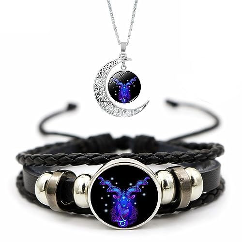 Zodiac Signs Spirit Bracelet, 12 Constellation Weave Leather Bracelet and Moon Pendant Necklace, Glow in the Dark Zodiac Bracelet for Men Women Girls Jewelry Gifts Set ( Color : 10-Capricorn )