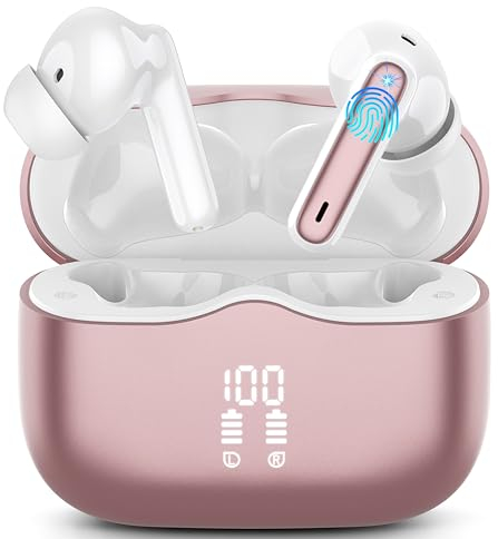 Auriculares Inalambricos, Auriculares Bluetooth 5.3 In Ear con 4 ENC Mic, Pantalla LED Doble Cascos Inalambricos HiFi Estéreo, In-Ear Earbuds Deportivos IP7 Impermeable, 40H, USB-C, Rose Gold