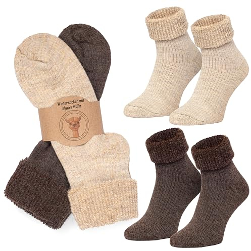 MOUNTREX Alpaka Socken, Wollsocken für Damen Herren - Wintersocken, Warme Haussocken, Thermosocken - Kuschelsocken - 2 Paar, Beige/Braun (Dick Thermo mit Umschlag), 35-38