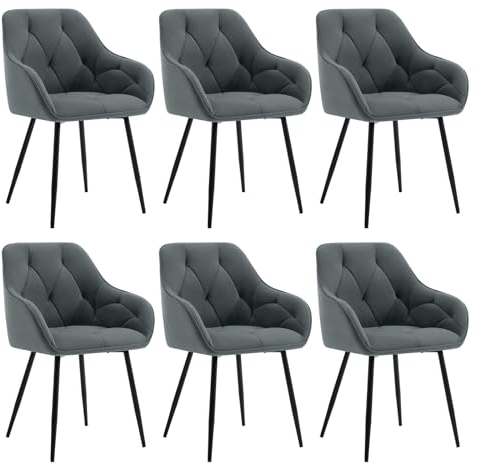 WOLTU 6er Set Esszimmerstühle, Küchenstuhl, Stuhl Esszimmer Wohnzimmer, ergonomischer Sessel, Armlehnstuhl, Polsterstuhl, Sitzfläche aus Samt, Metallbeine, Dunkelgrau, EZS02dgr-6