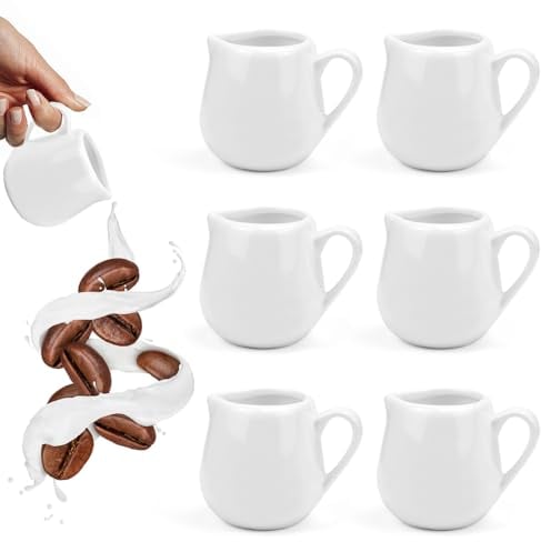 SLTAXAR Mini Jarra de Leche, 6 Piezas Jarra de Leche Ceramica 3OZ/90ML, Jarra de Leche Pequeña con Asa, Jarra de Leche Porcelana Blanca, Mini Lechera para Capuchino Espresso Latte Art