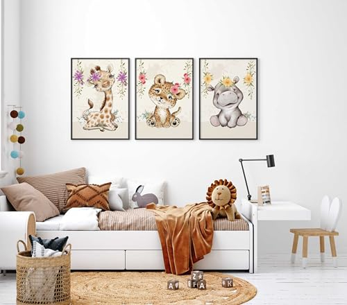 WANDKIND Kinderzimmer Poster Set Premium P724 / Babytiere mit Blumen Babyzimmer Wandbild (A3 - Rahmen/Frame Eiche/Oak)