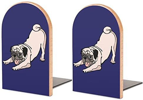 Serre-livres en bois antidérapant en forme de chien carlin sur étagère bleu foncé pour étagères à domicile, bureau, bibliothèque, étude