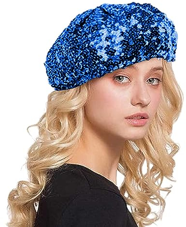 Pdakieyxnd 2024 Hippie Accessoires Damen Baskenmütze Mit Glitzernden Pailletten Glänzende Mädchen Mütze Glitzernde Glänzende Tanzhüte Fasching Accessoires Clubwear Cosplay(04 Blue)