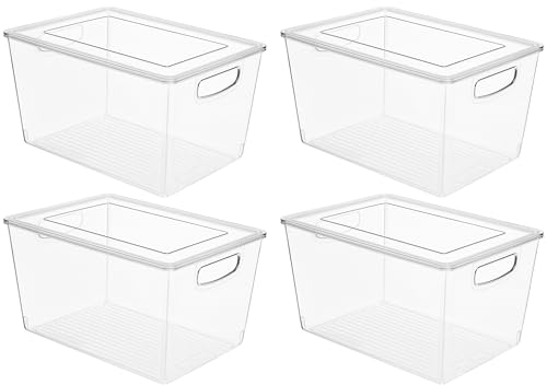 Winter Shore Caja Almacenaje con Tapa (Pack de 4) - Cajas Almacenaje de Plástico Transparente Apilables con Asas - Cubos Almacenaje para Baño, Armario, Despensa, Cocina, Sin BPA (29 x 20 x 15 cm)