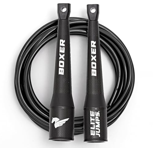 Elite Jumps Boxer Corde à sauter pour fitness et entraînement cardio – Conçu professionnellement – Corde à sauter en PVC de 5 mm sans nœuds – Idéal pour les exercices d'aérobic minces (noir)