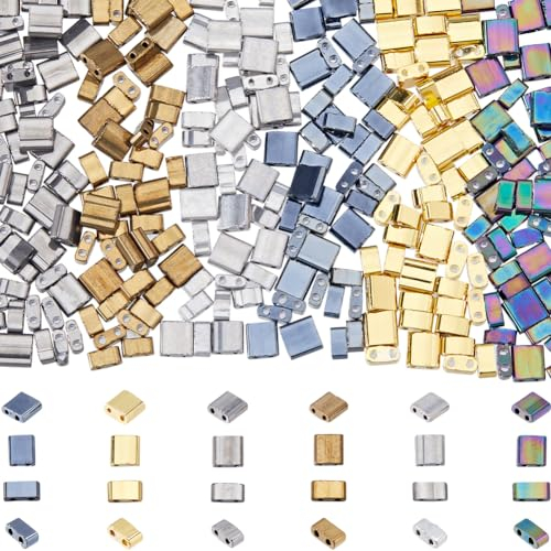 CREATCABIN 360 pièce Perles Tila 2 Trous,12 Styles,Demi-Perles Rocaille en Verre,Mélange Couleurs Métalliques,Mini Carrés Opaques,Perles D'Espacement Plates Amples pour,d'oreilles,Fabrication Bijoux