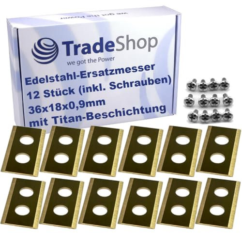 12x Trade-Shop Messer Klingen mit Titan-Beschichtung 36x18x0,9mm inkl. Schrauben kompatibel mit Einhell FREELEXO, FREELEXO Kit 500, 600, FREELEXO+