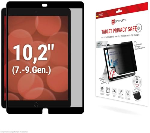 Blickschutzfilter für iPad 10,2'' (Gen. 9/8/7)/Air (Gen. 3), ablösbar | DISPLEX Tablet PrivacySafe, 2-Wege-Blickschutz, Air Adsorption, glänzend, Bluelight-Filter, inkl. Filz-Schutzhülle