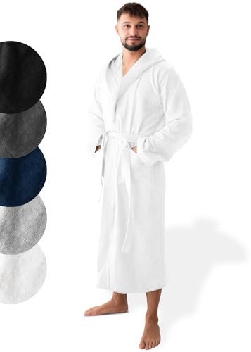 SIEGENTHAL® Herren Bademantel Frottee Velours 100% Baumwolle - Kapuzenbademantel, weich, saugfähig, warm, lang, Luxus, Premium, Wellness, Spa, hochwertige Verarbeitung, Weiß M L