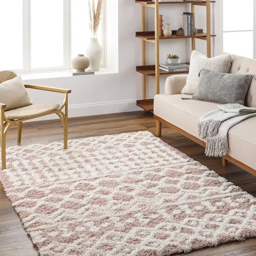 Livabliss Dubai Shaggy Rug - Modern Berber Rugs Living Room, Large 130x170 cm, Soft Shaggy Rugs for Bedroom - Neutral Boho Fluffy Rug, Easy Care Plush Thick Pile - Dusty Pink and White